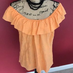 Pretty off the shoulder or not pale orange blouse.